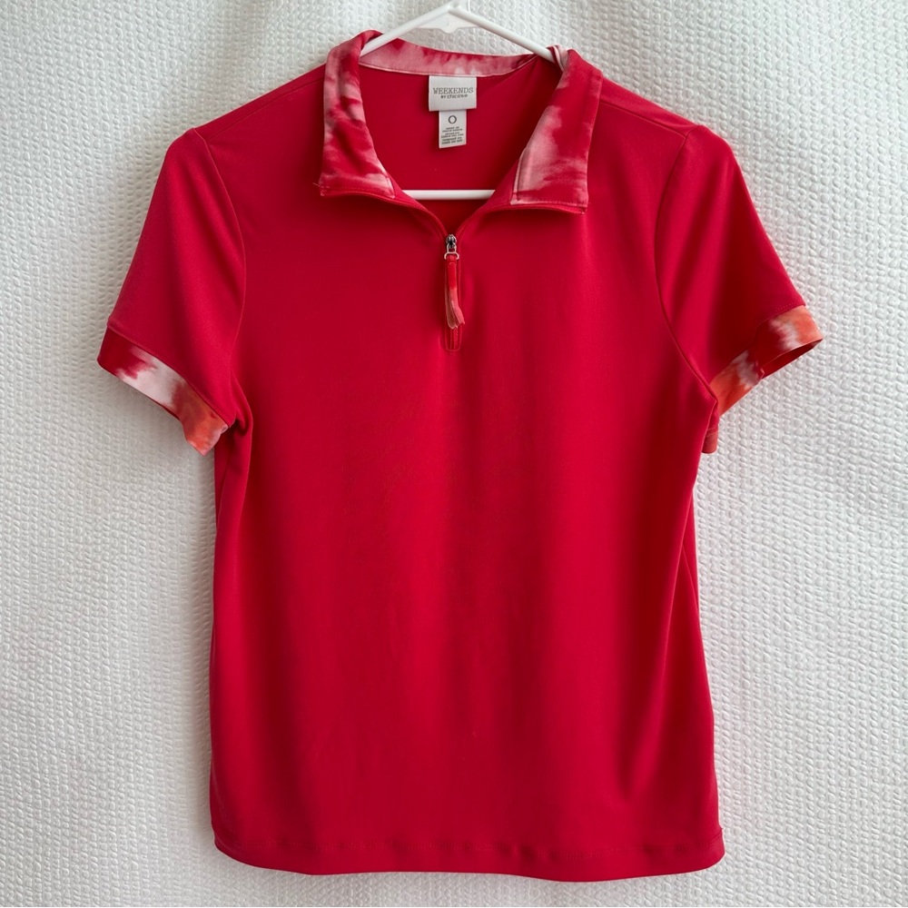 CHICO'S Weekends Hot Pink Short Sleeve Polo Shirt Contrast Trim Size Small